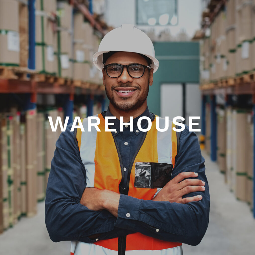 Warehouse Jobs Button. Male Employee Smiling