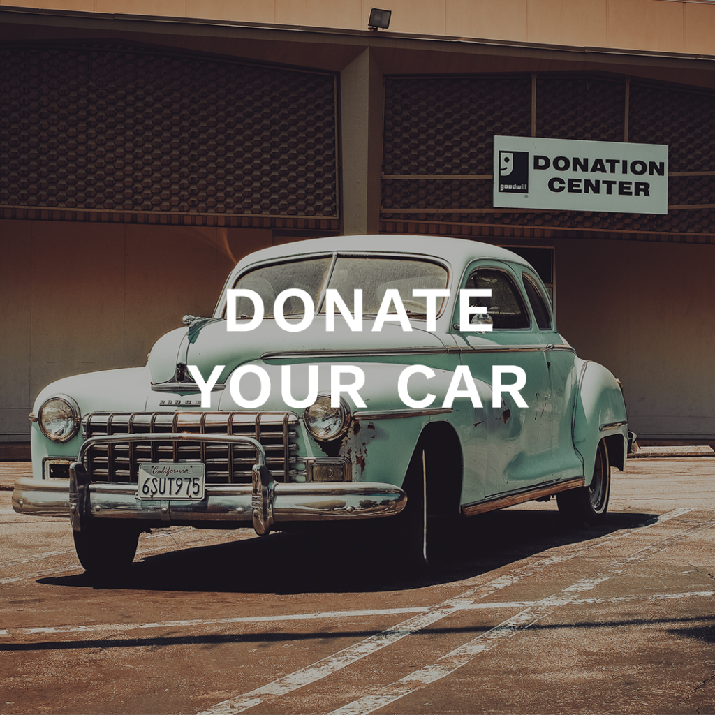 Donate Your Car Button. Picture of classic american car outside a goodwill
