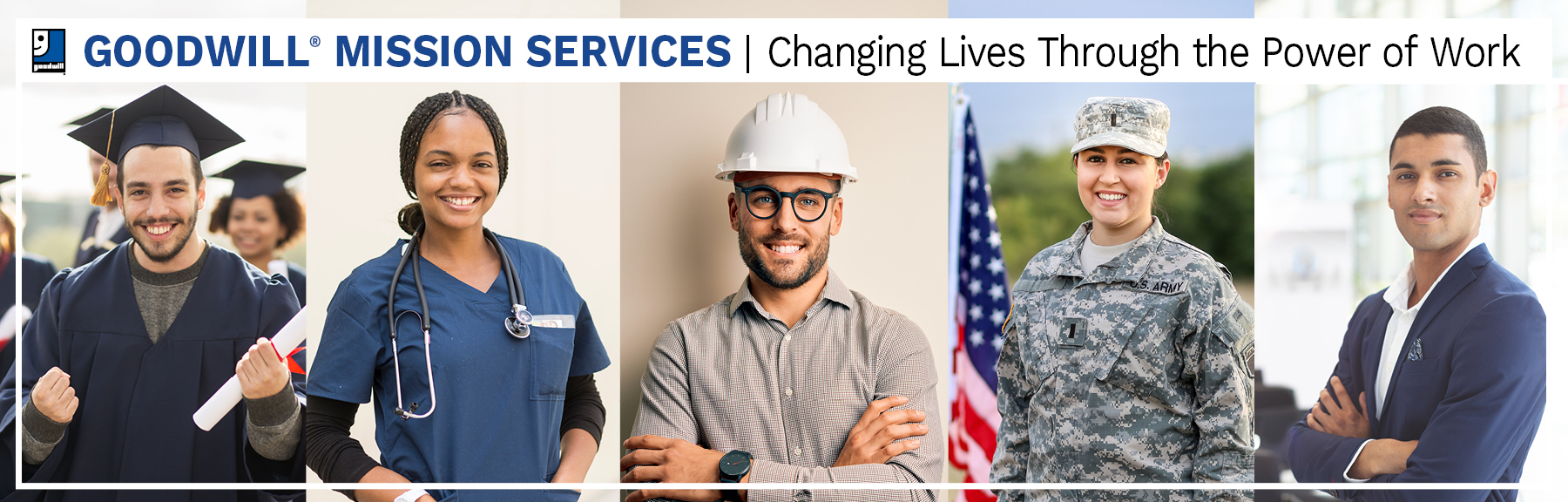 Goodwill Mission Services Changing Lives Through the Power of Work Banner. Starting left, College Grad Male, Nurse Female, Construction Worker Male, Veteran Female, Business Owner Male